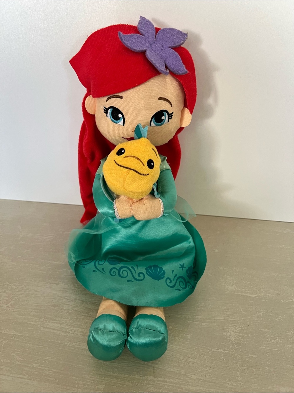 Disney Ariel Plush Doll 15” The Little Mermaid Blue Dress Flounder